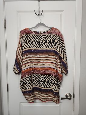 Vintage Relaxed Zebra-Stripe & Stripe Tunic Top in Cream, Black, Rust & Purple